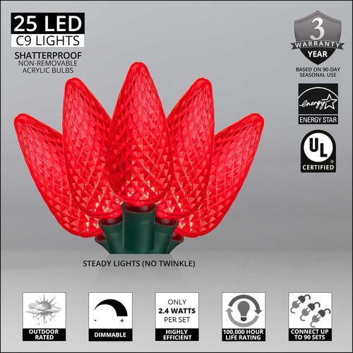 25 C9 Red LED Christmas Lights, Green Wire, 8" Spacing