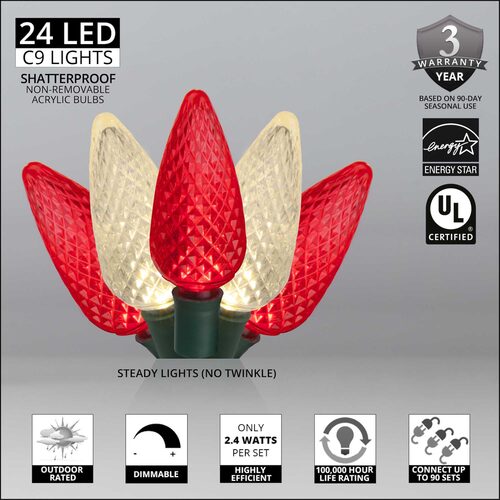 24 C9 Red, Warm White LED Christmas Lights, Green Wire, 8" Spacing
