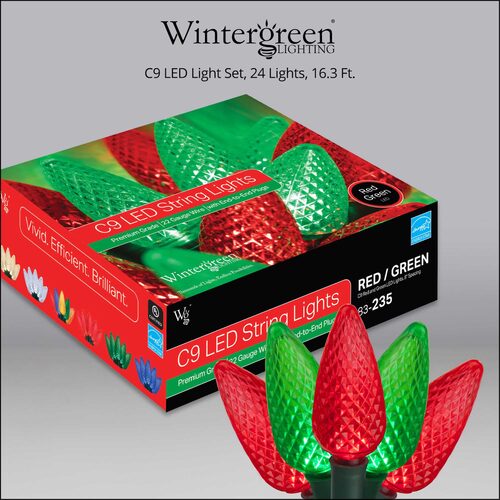 24 C9 Red, Green LED Christmas Lights, Green Wire, 8" Spacing