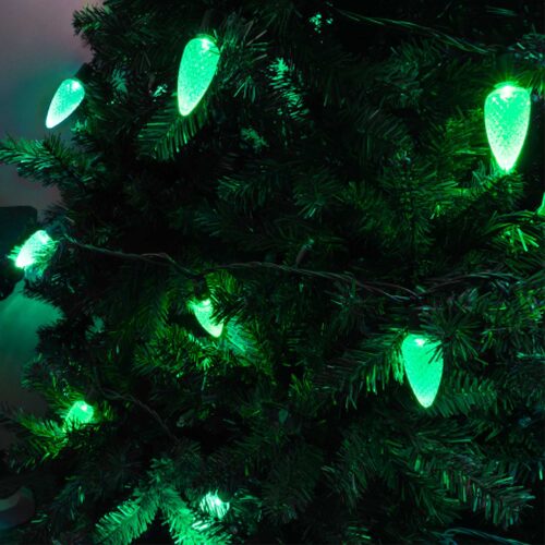 25 C9 Green LED Christmas Lights, Green Wire, 8" Spacing