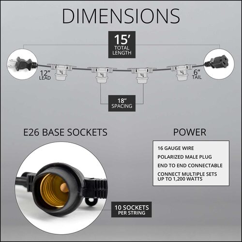 E26 - Medium Light Patio Stringer, 15' Length, 18" Spacing, 10 Amp SJTW Black Wire, Commercial Grade