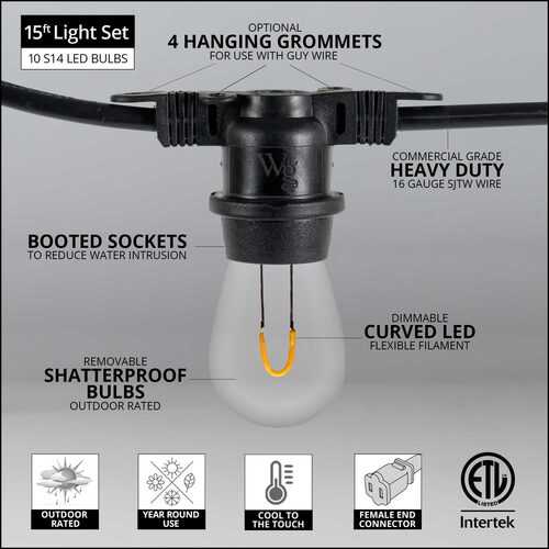 15' Warm White FlexFilament TM Shatterproof LED Patio String Light Set with 10 S14 Bulbs on Black Wire
