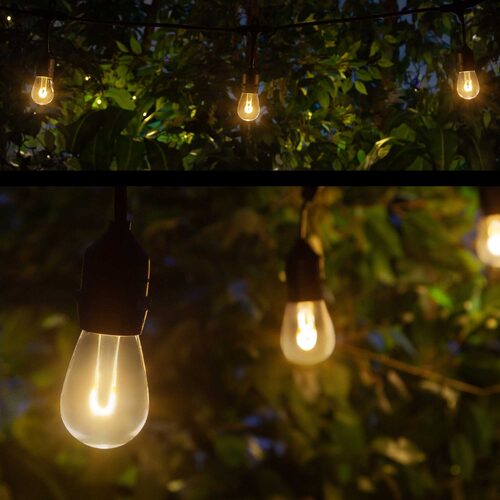 15' Warm White FlexFilament TM Shatterproof LED Patio String Light Set with 10 S14 Bulbs on Black Wire, with Drops