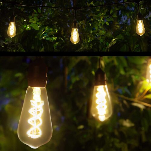 15' FlexFilament TM LED Patio String Light Set with 10 5W ST64 Edison Bulbs on Black Wire, with Drops