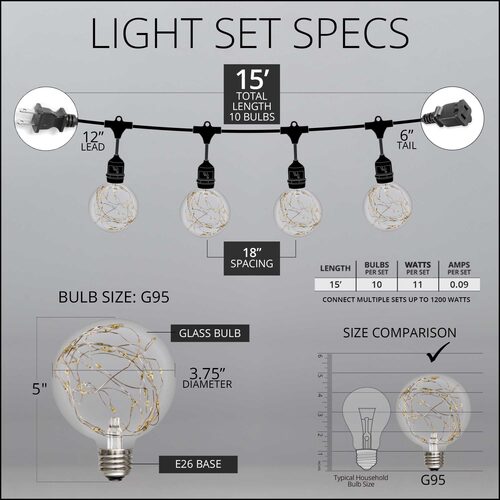 15' Warm White LEDimagine TM Patio String Light Set with 10 G95 Fairy Light Bulbs on Black Wire, with Drops