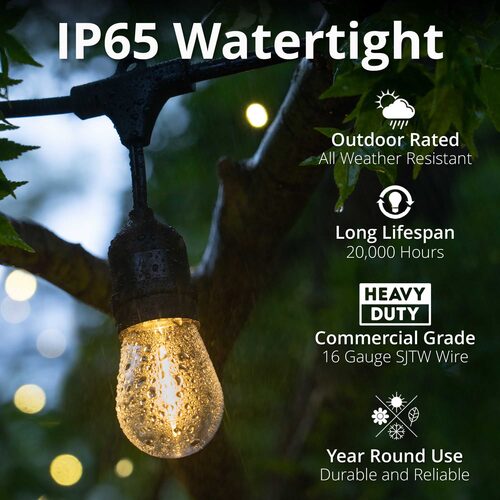 15' Warm White Straight Filament Shatterproof LED Patio String Light Set with 10 S14 Bulbs on Black Wire, with Drops