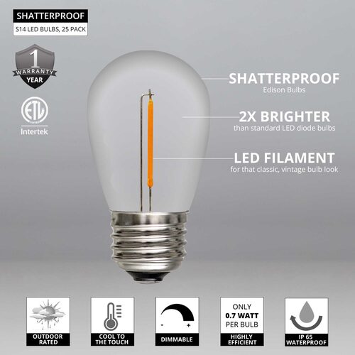 S14 Shatterproof Warm White Straight Filament LED Bulbs, 25-Pack