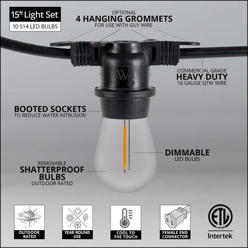 15' Warm White Straight Filament Shatterproof LED Patio String Light Set with 10 S14 Bulbs on Black Wire