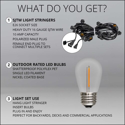 15' Warm White Straight Filament Shatterproof LED Patio String Light Set with 10 S14 Bulbs on Black Wire