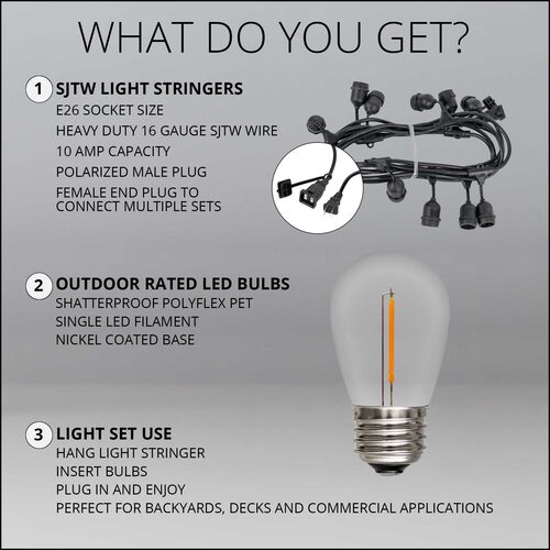 15' Warm White Straight Filament Shatterproof LED Patio String Light Set with 10 S14 Bulbs on Black Wire, with Drops