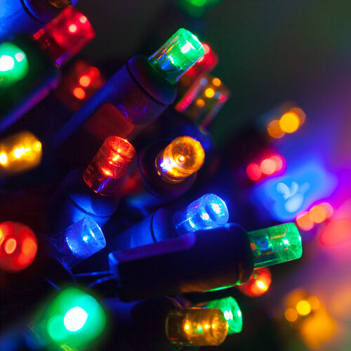 70 5mm Multi Color LED Christmas Lights, Green Wire, 4" Spacing, Contractor Pack