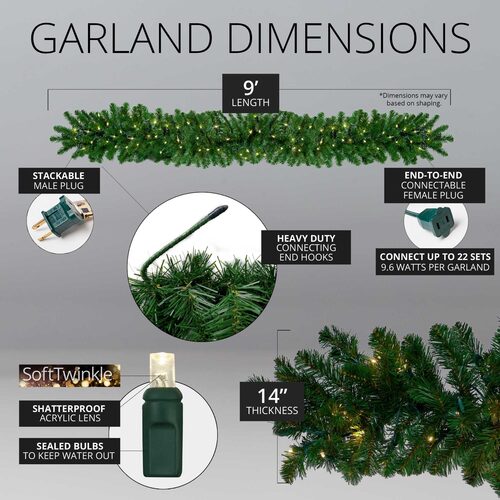 9' x 14" Oregon Fir Prelit Commercial LED Holiday Garland, 100 Warm White SoftTwinkle Lights