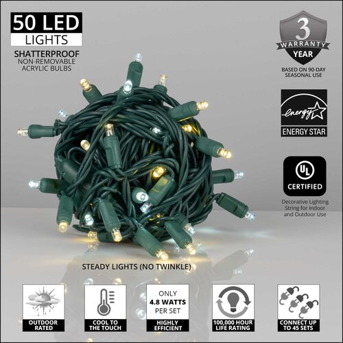 50 5mm Cool White, Warm White Champagne LED Christmas Lights, Green Wire, 6" Spacing