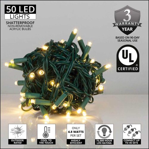 50 Kringle Traditions 5mm Warm White LED Christmas Lights, Green Wire, 6" Spacing, Balled Set