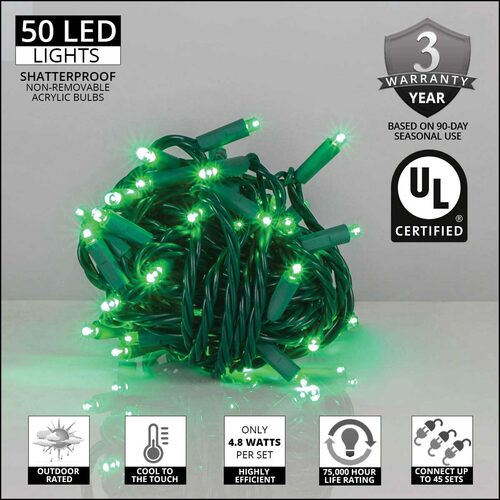 50 Kringle Traditions 5mm Green LED Christmas Lights, Green Wire, 6" Spacing, Balled Set