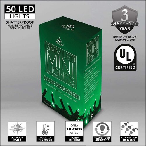 50 Kringle Traditions 5mm Green LED Christmas Lights, Green Wire, 4" Spacing