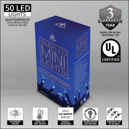 50 Kringle Traditions 5mm Blue LED Christmas Lights, Green Wire, 4" Spacing