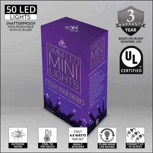 50 Kringle Traditions 5mm Purple LED Christmas Lights, Green Wire, 4" Spacing