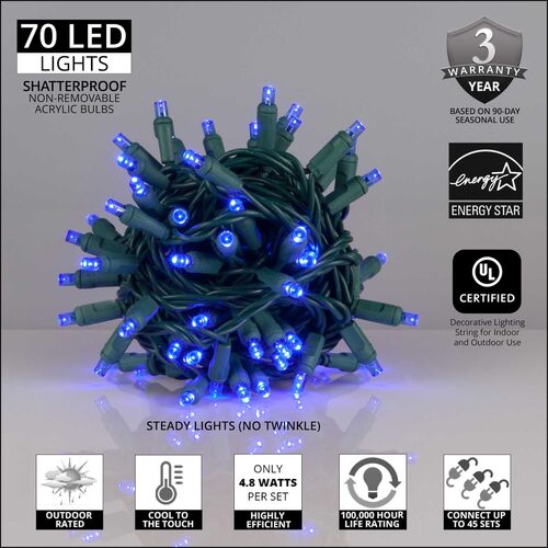 70 5mm Blue LED Christmas Lights, Green Wire, 4" Spacing