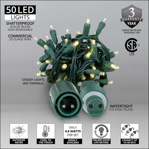 50 5mm Warm White WeatherPro TM Water-Tight Commercial LED Lights, Green Wire, 4" Spacing, Contractor Pack