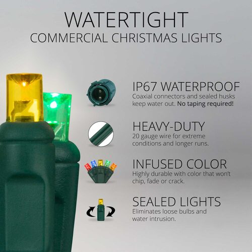 25 5mm Multi Color WeatherPro TM Water-Tight Commercial LED Lights, Green Wire, 4" Spacing