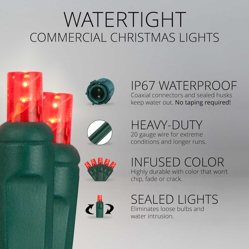 25 5mm Red WeatherPRO TM Commercial LED Lights, Green Wire, 4" Spacing