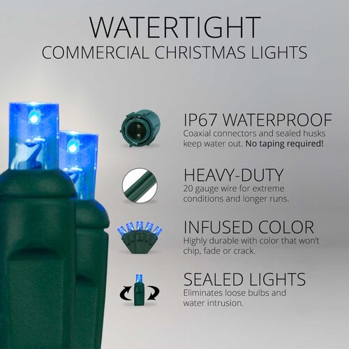 25 5mm Blue WeatherPro TM Water-Tight Commercial LED Lights, Green Wire, 4" Spacing