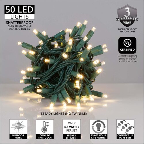 50 Kringle Traditions 5mm Warm White LED Christmas Lights, Green Wire, 6" Spacing, Contractor Pack