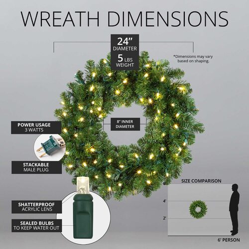 24" Commercial Oregon Fir Prelit Wreath, 50 Warm White LED 5mm Lights