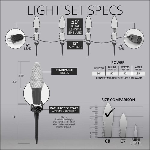 C9 Cool White / Red OptiCore Christmas LED Pathway Lights, 50 Lights, 4.5 Inch Stakes, 50'