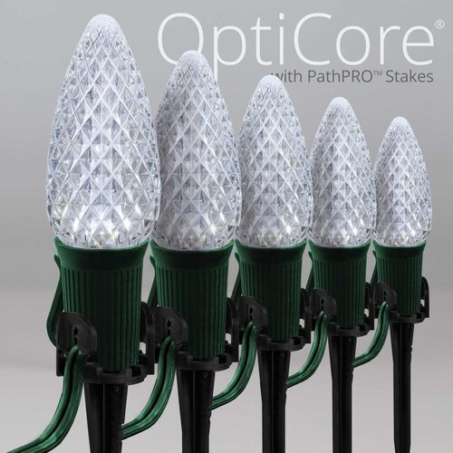 C9 Cool White OptiCore Christmas LED Pathway Lights, 25 Lights, 4.5 Inch Stakes, 25'