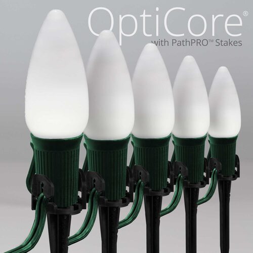 C9 Cool White Smooth OptiCore Christmas LED Pathway Lights, 25 Lights, 4.5 Inch Stakes, 25'