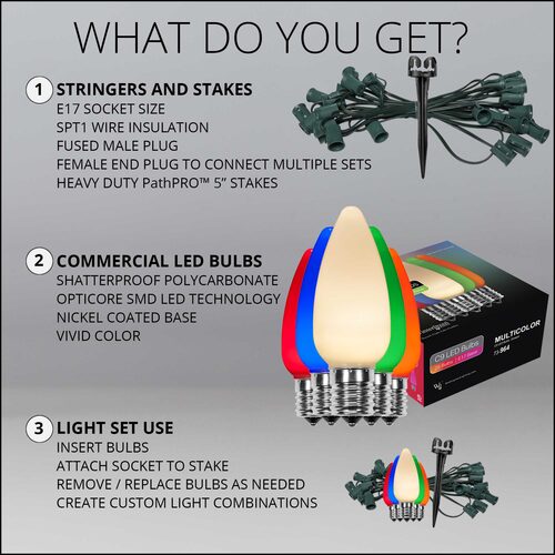 C9 Multicolor Smooth OptiCore Christmas LED Pathway Lights, 25 Lights, 4.5 Inch Stakes, 25'