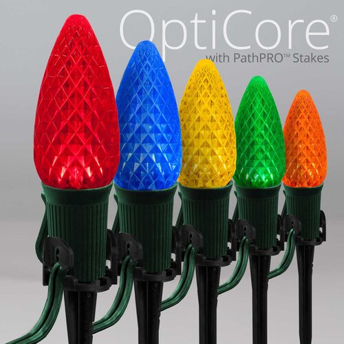 C9 Multicolor OptiCore Christmas Pathway Lights, 25 Lights, 5 Inch PathPRO Stakes, 25'