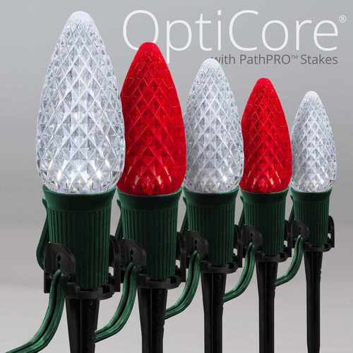 C9 Cool White / Red OptiCore Christmas LED Pathway Lights, 50 Lights, 4.5 Inch Stakes, 50'