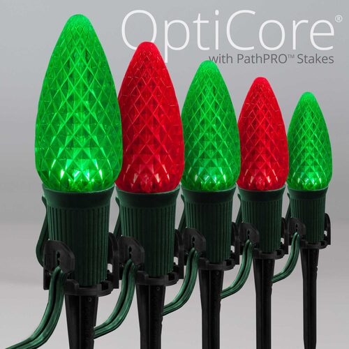 C9 Green / Red OptiCore Christmas LED Pathway Lights, 50 Lights, 4.5 Inch Stakes, 50'