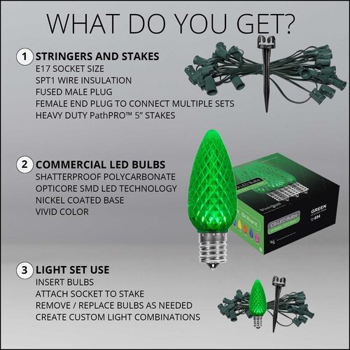 C9 Green OptiCore Christmas LED Pathway Lights, 25 Lights, 4.5 Inch Stakes, 25'