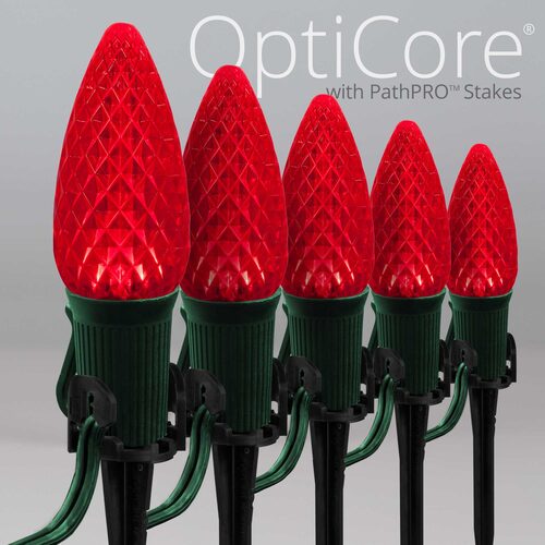 C9 Red OptiCore Christmas LED Pathway Lights, 25 Lights, 4.5 Inch Stakes, 25'