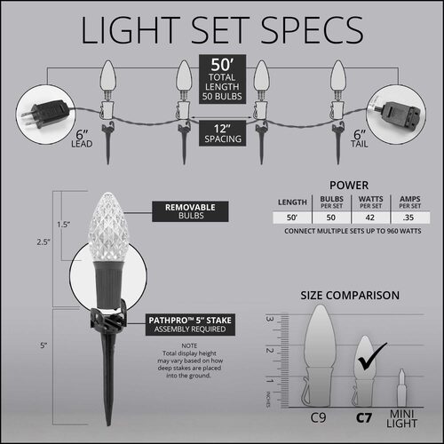 C7 Blue / Cool White OptiCore Christmas LED Pathway Lights, 50 Lights, 4.5 Inch Stakes, 50'