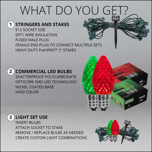 C7 Green / Red OptiCore Christmas LED Pathway Lights, 50 Lights, 4.5 Inch Stakes, 50'