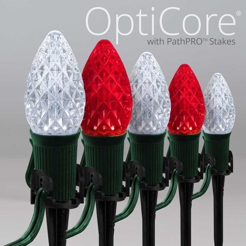 C7 Cool White / Red OptiCore Christmas LED Pathway Lights, 50 Lights, 4.5 Inch Stakes, 50'