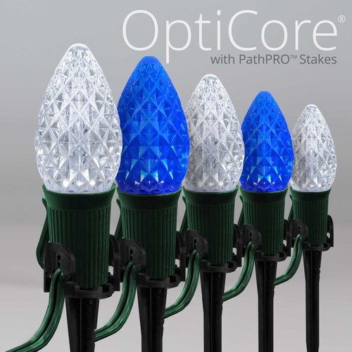 C7 Blue / Cool White OptiCore Christmas LED Pathway Lights, 50 Lights, 4.5 Inch Stakes, 50'