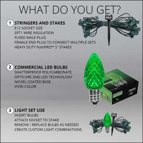 C7 Green OptiCore Christmas LED Pathway Lights, 25 Lights, 4.5 Inch Stakes, 25'