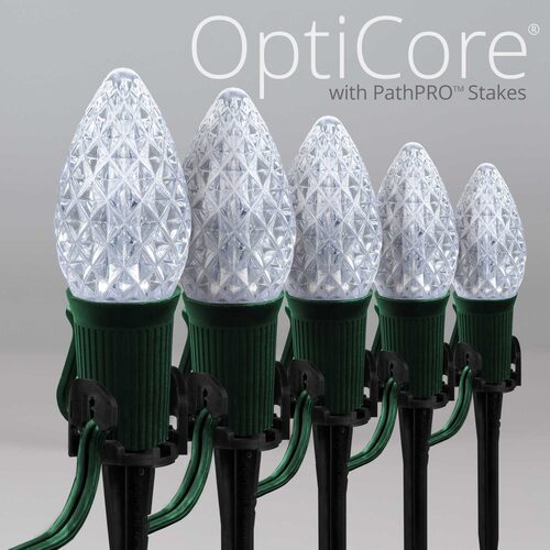 C7 Cool White OptiCore Christmas LED Pathway Lights, 25 Lights, 4.5 Inch Stakes, 25'