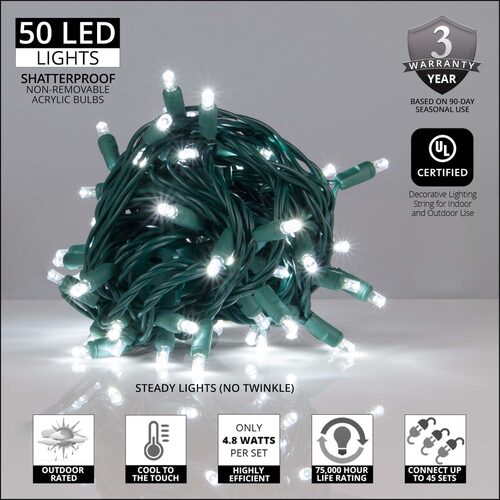 50 Kringle Traditions 5mm Cool White LED Christmas Lights, Green Wire, 4" Spacing