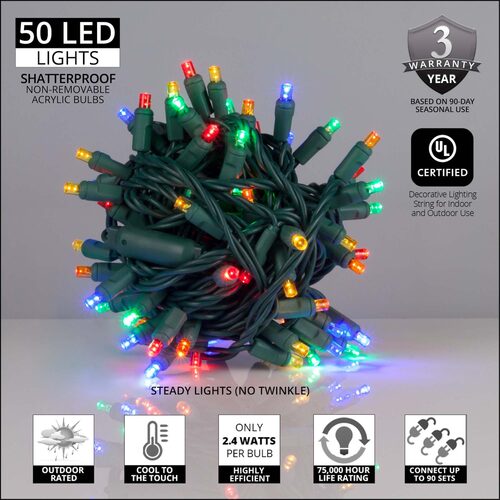 50 Kringle Traditions 5mm Multicolor LED Christmas Lights, Green Wire, 4" Spacing