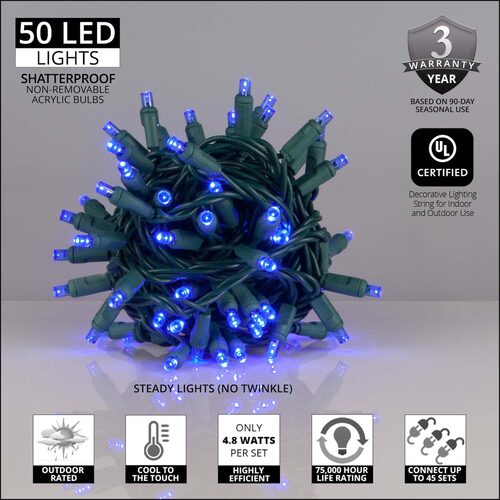 50 Kringle Traditions 5mm Blue LED Christmas Lights, Green Wire, 4" Spacing