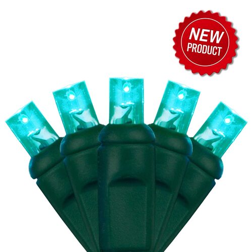 50 5mm Teal LED Christmas Lights, Green Wire, 6" Spacing