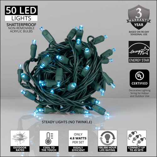 50 5mm Teal LED Christmas Lights, Green Wire, 6" Spacing