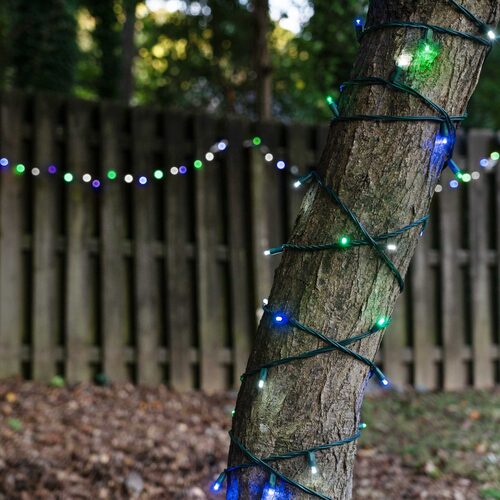 50 5mm Blue, Green, Cool White LED Christmas Lights, Green Wire, 6" Spacing